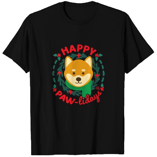 Dog Shiba Inu Christmas Happy Pawlidays Dog Christmas Wreath T-Shirts