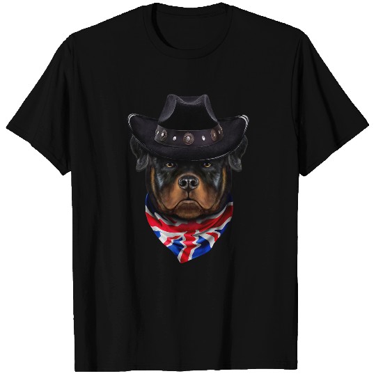 Dog Rottweiler in Cowboy Hat and Union Jack Bandana T-Shirts