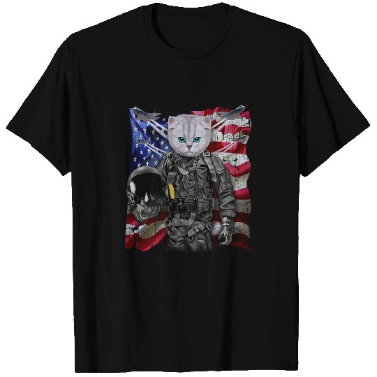 Fluffy White Cat Fighter Jet Pilot with Flag of USA T-Shirts