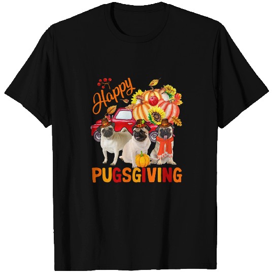 Pug Lover Happy Thanksgiving Pug Dogs Three Pugs Pickup Truck Pumpkins Pugs Dog T-Shirts