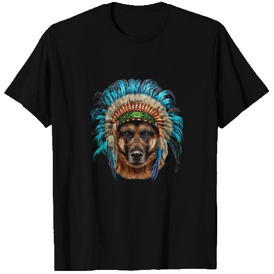 GSD in American Indian Warrior Headdress German Shepherd Dog Dog T-Shirts