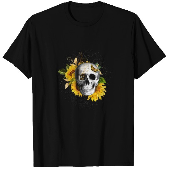 Skeletons Skulls Yellow Orange Sunflower and Skull Art in Floral Grunge Style 1 Skull T-Shirts
