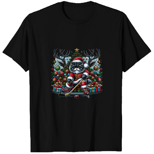 Sport Hockey Santa Persian Cat Playing Hockey Christmas T-Shirts