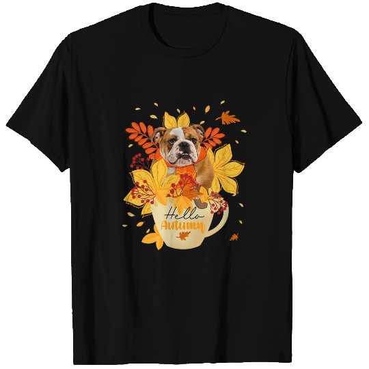 English Bulldog Pet Hello Autumn Thanksgiving Bulldog Inside Cup Fall Leaves T-Shirts