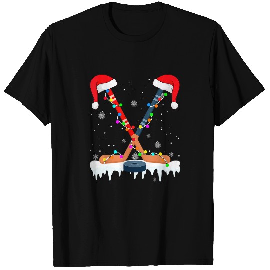 Sport Hockey Santa Hat Christmas Lights Funny Sport Boys xmass PJs T-Shirts