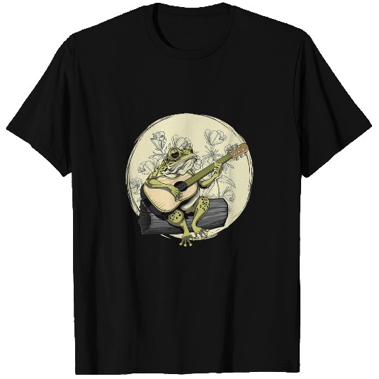 Funny Guitar Cottagecore Aesthetic Frog Toad Playing Guitar Banjo on Log T-Shirts