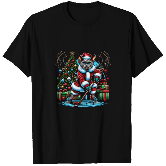 Sport Hockey Santa Devon rexs Cat Playing Hockey T-Shirts