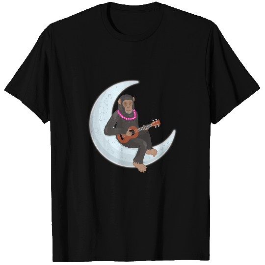 Funny Ukulele Chimpanzee Chimp Playing Ukulele Musical Instrument In Moon T-Shirts