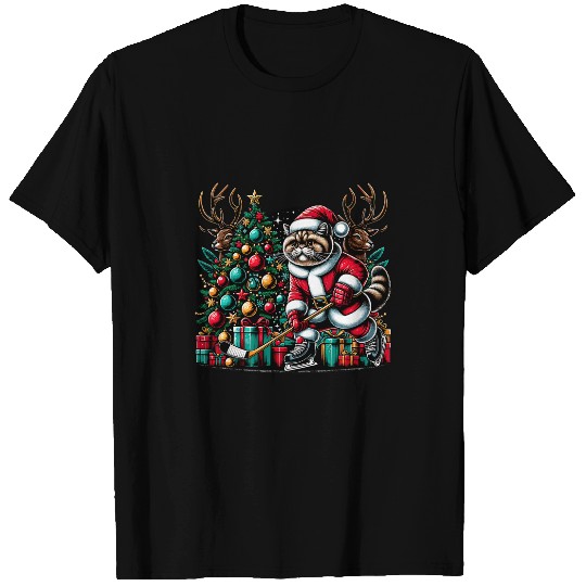 Sport Hockey Santa Exotic Shorthair Cat Playing Hockey Christmas T-Shirts