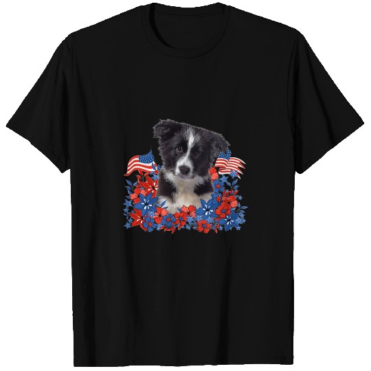 Border Collie Pet Independent Flowers Dog American Flag T-Shirts