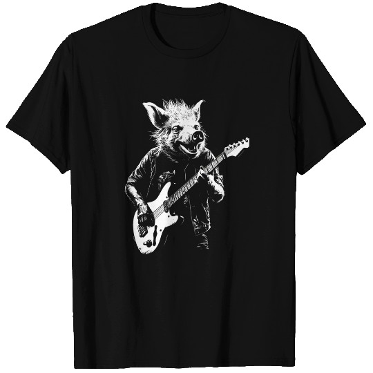 Funny Guitar Distressed Hog Pig Playing Guitar Punk Rock 2Roll Vintage T-Shirts