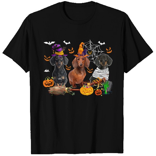 Dachshund Pet Three Dachshund Dogs Witch Halloween Mummy Scary Pumpkins T-Shirts