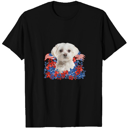 Maltese Pet Independent Flowers Dog American Flag T-Shirts