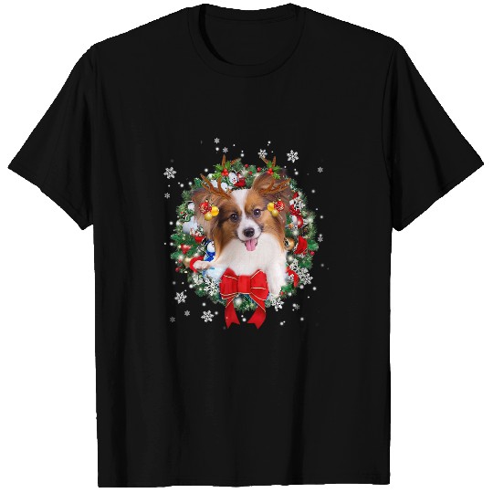 Papillon Pet Christmas Wreath Ornament Decoration Xmas T-Shirts