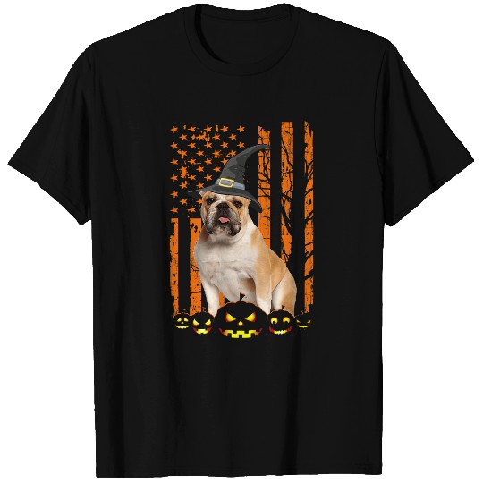 English Bulldog Pet Bulldog Dog Pumpkin American Flag Vintage Halloween Witch T-Shirts