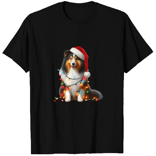 amazing christmas light xmass santa ho dog shetland sheepdog T-Shirts