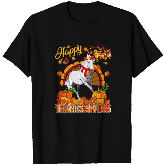 Horse Pet Happy Thanksgiving Horse Wearing Turkey Costume Fall Leaves 164 T-Shirts