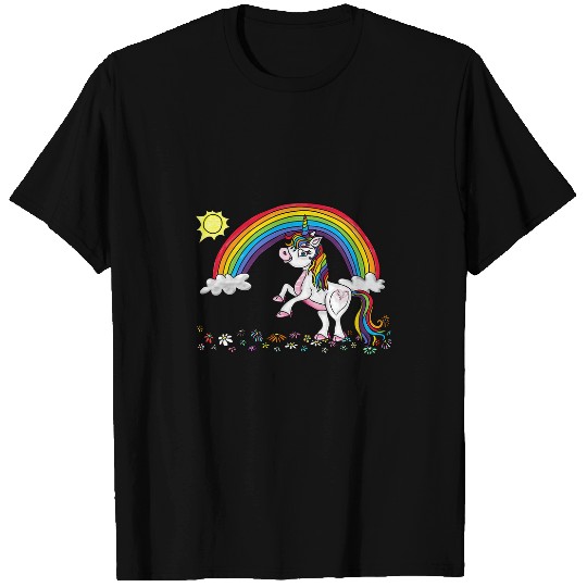 Unicorn Pet Pink In Front Of Clouds And Rainbow Sun And Flowers 2 T-Shirts