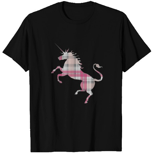 Unicorn Pet Pink White and Grey Tartan Scottish Unicorn Silhouette T-Shirts