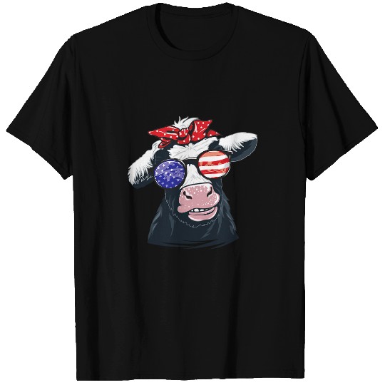 Cow Pet 4th of July Women Cow Graphic American Flag T-Shirts