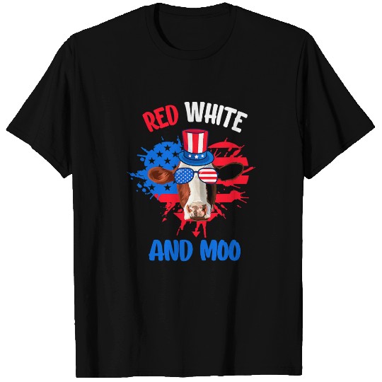 Cow Pet Red White And Moo Patriotic Cow Farmer 4th Of July USA Flag T-Shirts