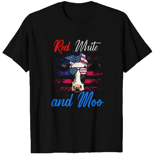 Cow Pet Red White Moo USA American Cow Patriotic 4th Of July T-Shirts