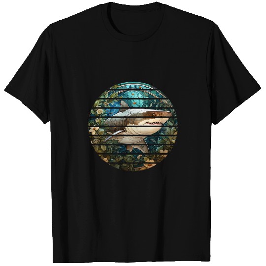 Fishing Fun Retro circle stained glass great white shark ocean fishing T-Shirts