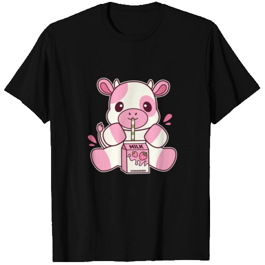 Cow Pet Aesthetic Kawaii Strawberry Cow Drinking Strawberry Milk T-Shirts