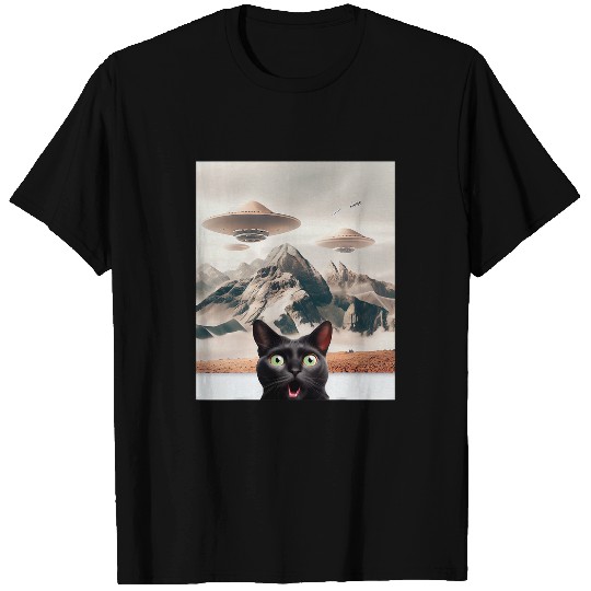 Aliens UFO Tee Galaxy Black Cat Spaceship Alien Cat UFO T-Shirts