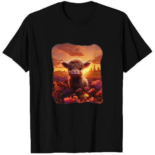 Cow Pet Baby Highland Cow in a Field of Flowers Sunset T-Shirts