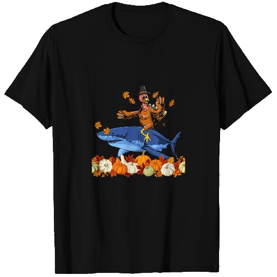 Shark Pet Thanksgiving Turkey Riding Shark Fall Leaves Pumpkins Lover T-Shirts