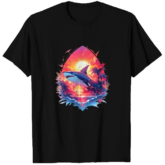 Shark Pet Vintage Shark Flying Sunset Beach White Shark Surfer T-Shirts