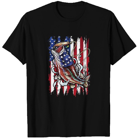 Fishing Fun Patriotic Bass Fishing 4th of July USA Flag Men Women T-Shirts