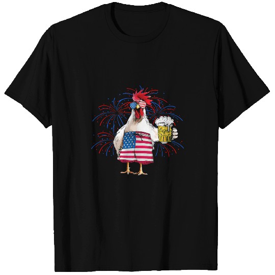 Chicken Pet Merica Funny Chicken with beer USA Flag 4th Of July Couple T-Shirts