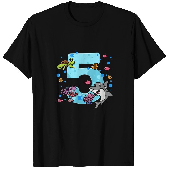 Shark Pet Turtle Kids Sea Animals 5th Birthday Turtle Shark Coral Reef Fishes T-Shirts