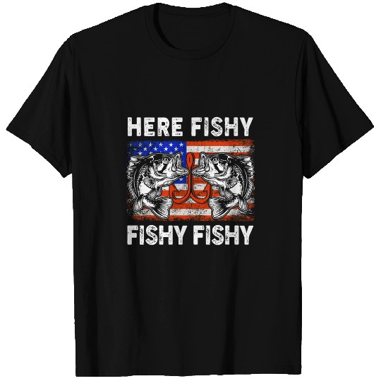 Fishing Fun HereFishy Funny Fishing Dad Bass Fish American Flag T-Shirts