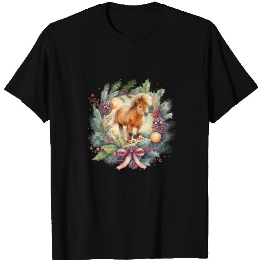 Horse Pet Christmas wreath design with Holly bow Shetland T-Shirts