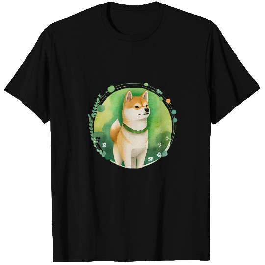 Shiba Inu Pet Cute Shiba Inu Circle Logo Green Collar Backdrop Forest T-Shirts
