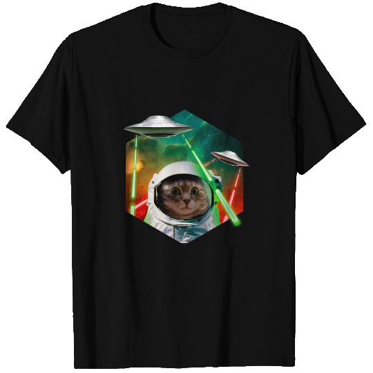 Aliens UFO Funny Laser Cat Astronaut Space Cat With Alien UFO Spaceship T-Shirts