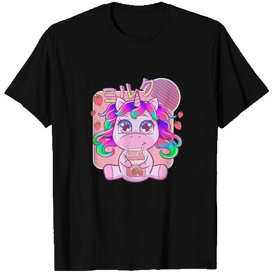 Unicorn Pet Funny Kawaii Unicorn Strawberry Milk Shake Japanese Anime T-Shirts