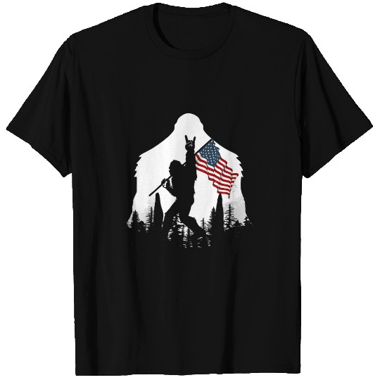 Bigfoot Pet Rock and Roll USA Flag In The Forest T-Shirts