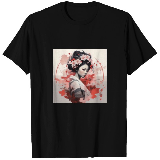 Artistic Fusion Geisha and Cherry Blossom in Futurism T-Shirts