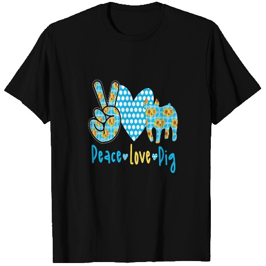 Pig Pet Peace Love Pig Livestock Show Pig Blue Polka Dot Sunflowers T-Shirts