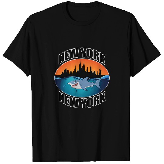 Shark Pet New York Manhattan Shark Cartoon Skyline Illustration T-Shirts