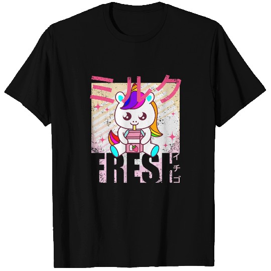 Unicorn Pet Funny Japanese Kawaii Unicorn Strawberry Milk Shake Retro T-Shirts