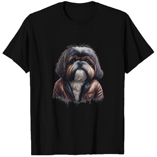 Shih Tzu Pet Cute Funny Shih Tzu Dog Wearing Leather Clothes T-Shirts