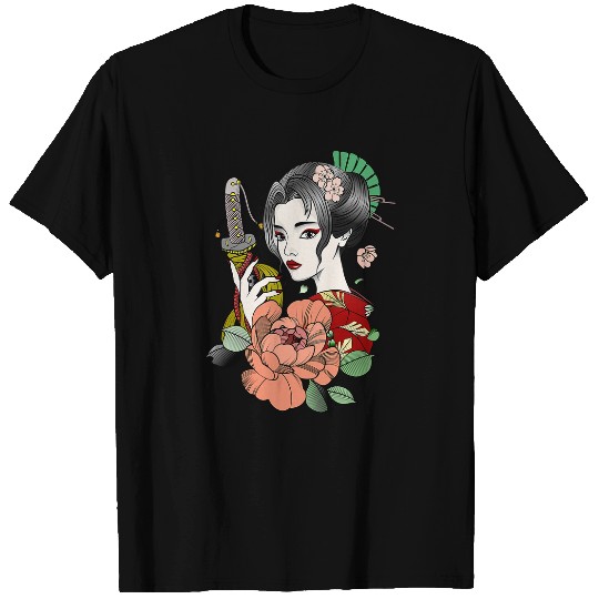 Geisha Holding Katana vintages Japanese Women Girl in Kimono T-Shirts