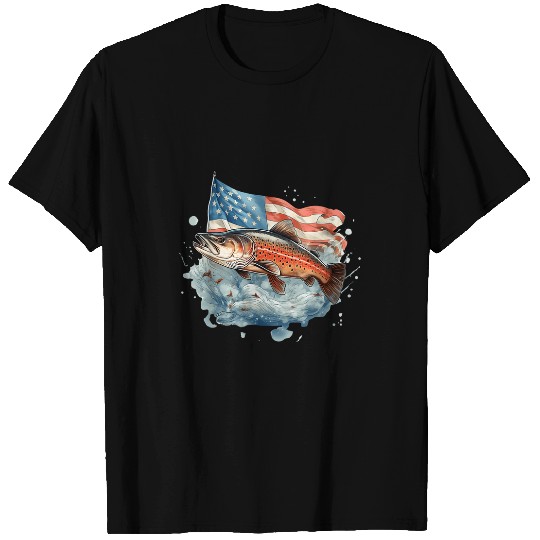 Fishing Fun American US Flag With Fly Fishing Brook Trout Fish T-Shirts