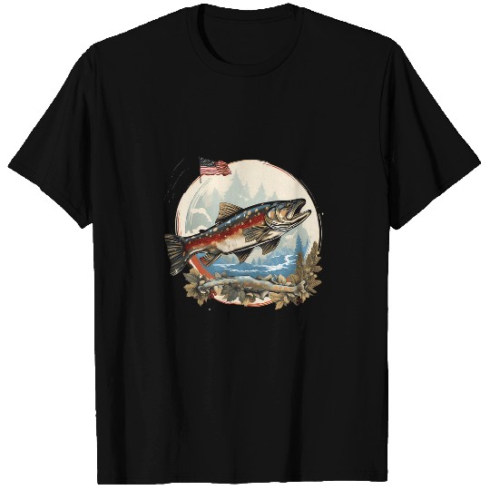 Fishing Fun American US Flag With Fly Fishing Brook Trout Fish 8 T-Shirts