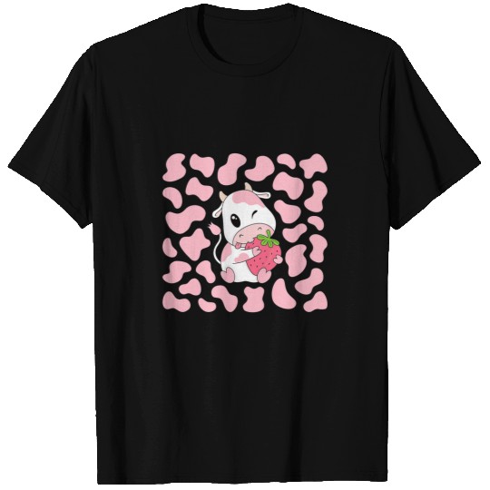 Cow Pet Cute Pink Strawberry Cow Print Kawaii Aesthetic Pattern 01 T-Shirts